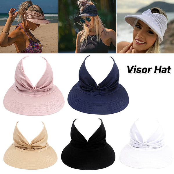2PCS Women Wide Brim Visor Hat Ponytail Sun Cap Beach Sports Summer Hat