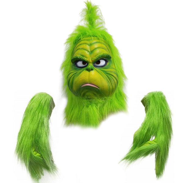 Cartoon-style green mask and furry gloves, side view