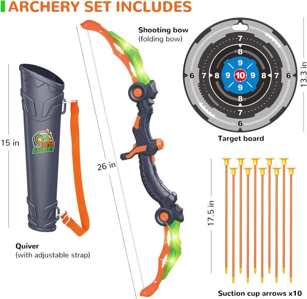 Kids bow and arrow set includes a folding bow, quiver, target board and 10 suction cup arrows, with sizes