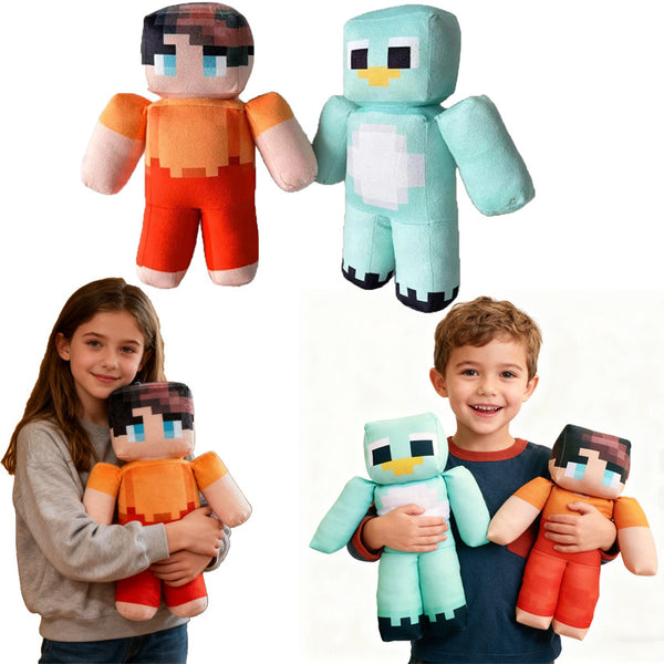 Pixel plush toys: blocky boy and blue bird held by kids