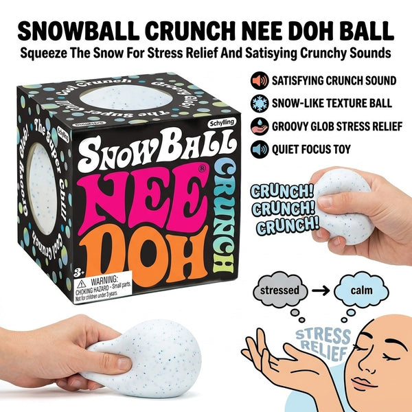 Snowball crunch squishy box with feature list: crunch sound, snow-like texture, quiet focus toy
