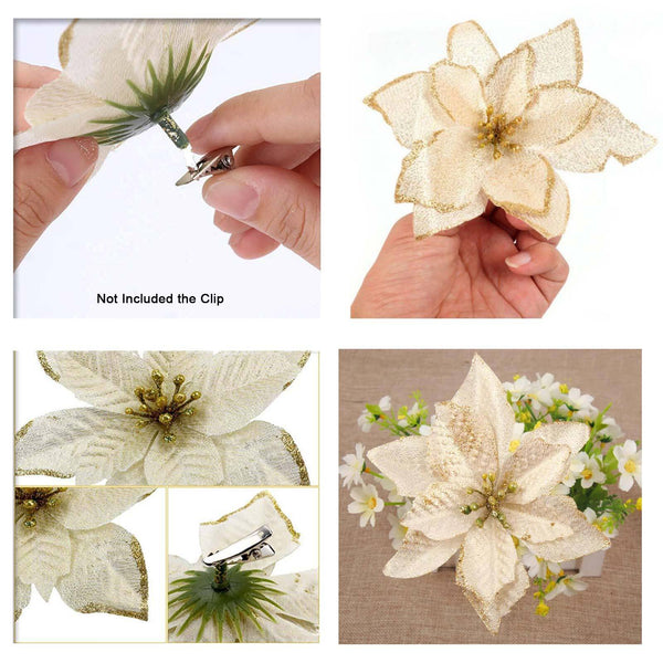 Poinsettia flower shown with a clip on the back, clips not included