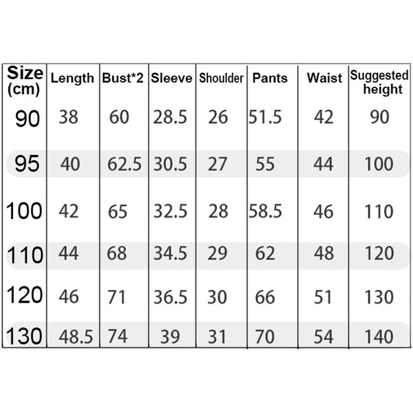 Toy Story pyjamas size chart for sizes 90 to 130 cm