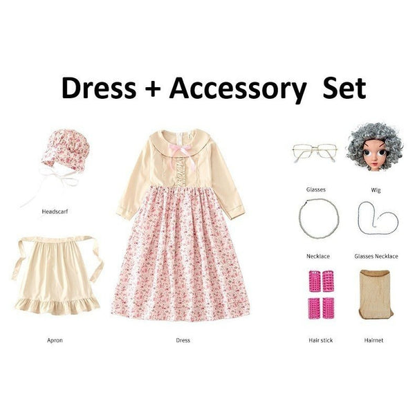Grandma costume dress and accessory set - dress, apron, wig, necklace and glasses - Lets Party