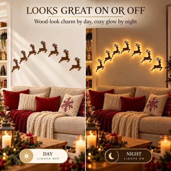 Wooden Christmas wall decorations with lights off by day and glowing by night