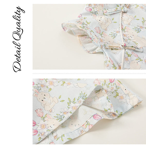 Summer Girls Cheongsam Dress | Stand Collar Flying Sleeve Rabbit Print Qipao