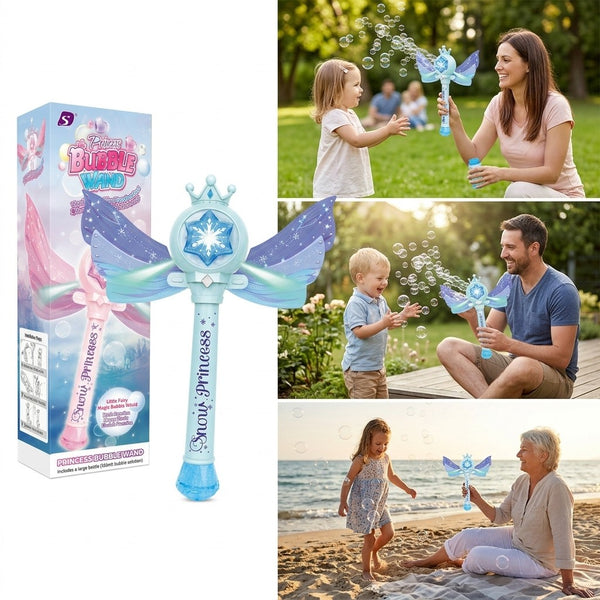 Families using the fairy bubble wand in the garden, at a picnic and at the beach
