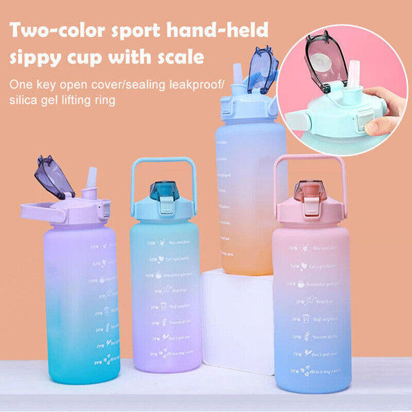 2L Sports Water Bottle Large Capacity Straw Time Motivational Cup Fitness Jugs