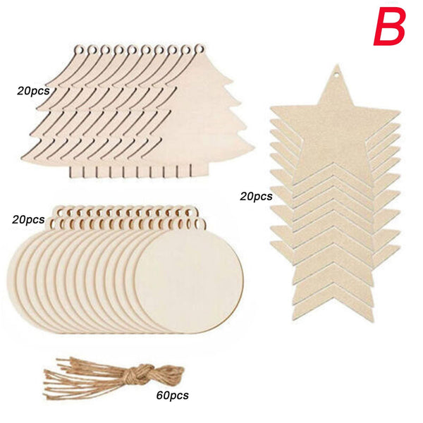 Mixed set B: 20 tree, 20 round and 20 star wooden ornaments with twine, 60 pieces