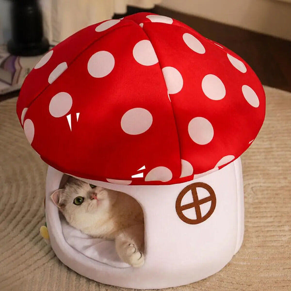 Winter Mushroom Cat House Cozy Sleeping Pet Bed for Cats Indoor Warm Pet House