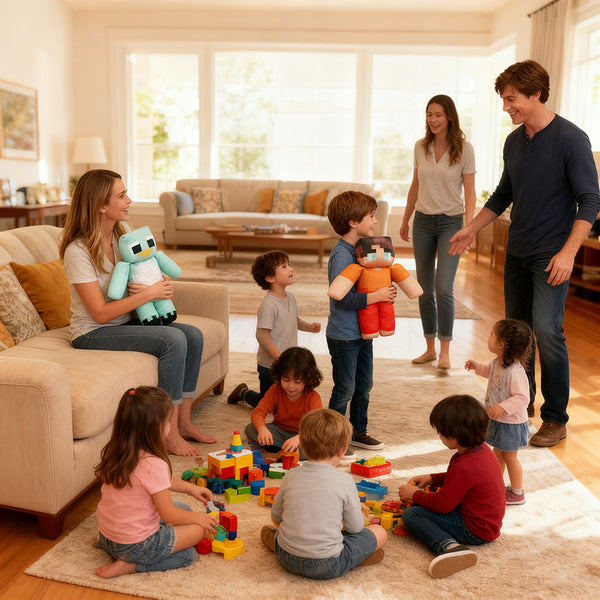 Kids playing on the floor with pixel plush toys