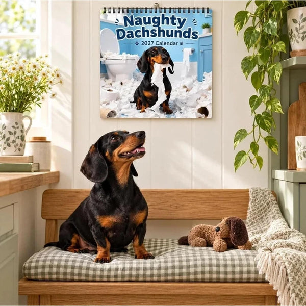 Sausage dog calendar on the wall above a dachshund on a bench seat