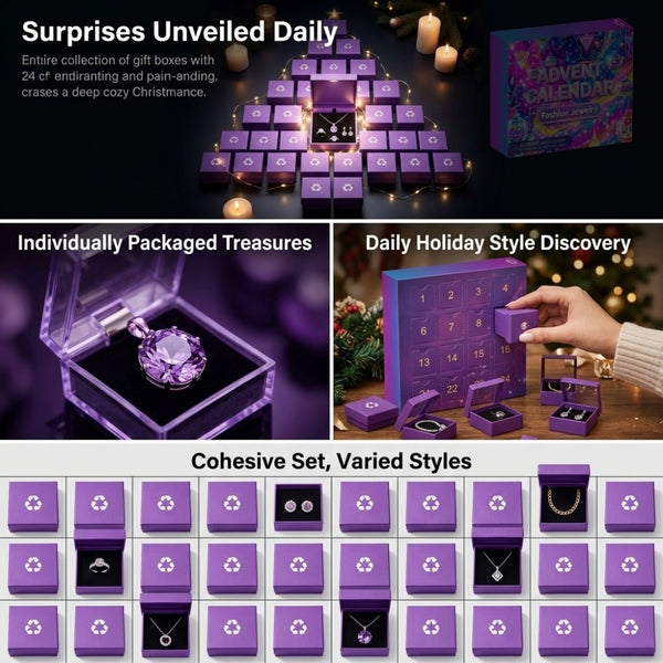 Purple jewellery gift boxes arranged in a tree shape with rings, earrings and pendants