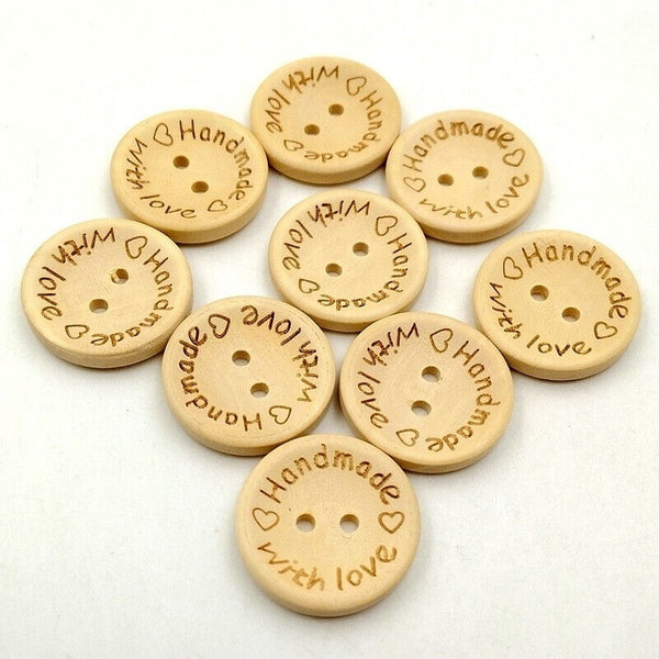 100PCS Natural Wooden Button Craft Sewing DIY Handmade With Love Wooden Buttons