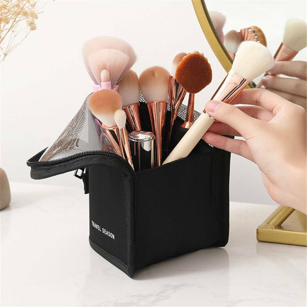 Stand Cosmetic Bag Travel Zipper Makeup Brush Mesh Visible Organizer Pouch