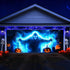 Halloween garage door cover with a scary ghost print hung across a garage