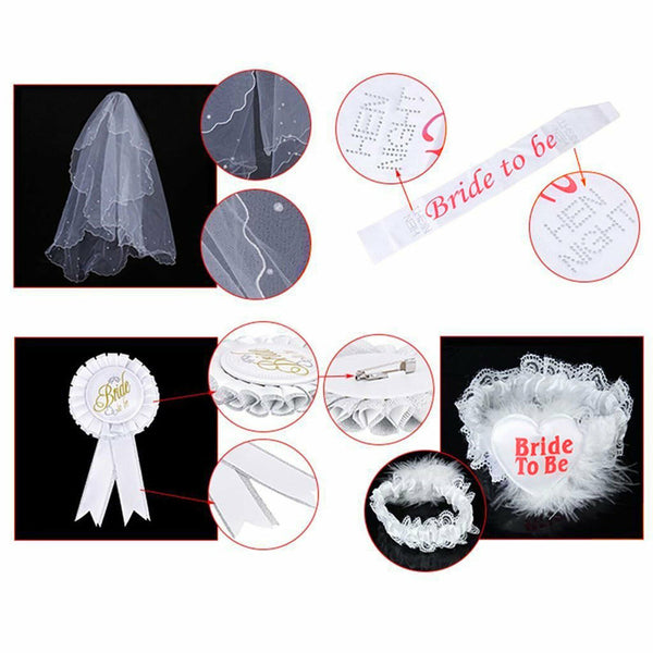 Bride To Be Hens Night Party Veil White Badge Sash Lace Garter Set Bachelorettes