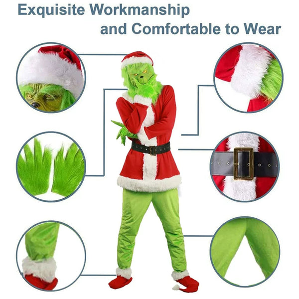Close-ups of the hat trim, gloves, belt buckle and pants on the green Christmas costume