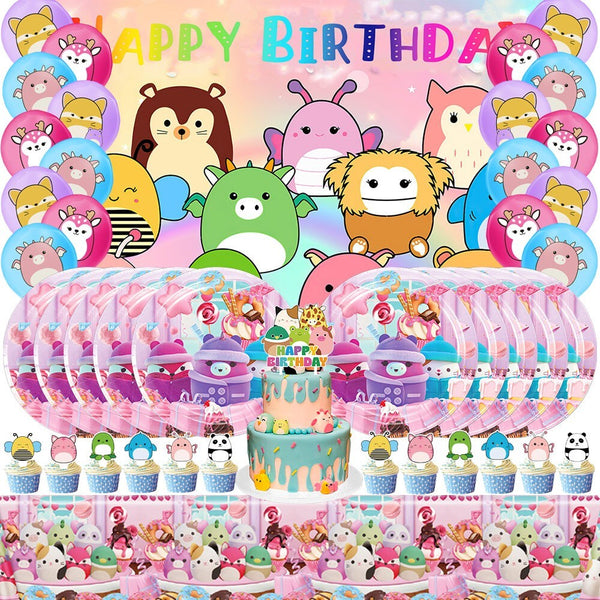 Kids pastel party supplies with tableware, banner and balloons