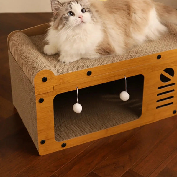 Cat Cardboard House Scratcher Cat Climbing Hideaway Play House with Hanging Ball
