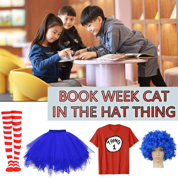 Children in Book Week Cat in the Hat Thing costumes reading a book