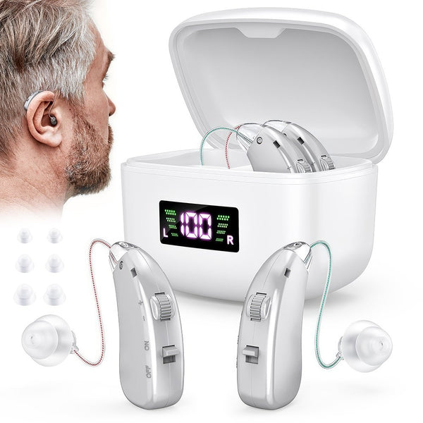 Rechargeable BTE hearing aids for seniors with LED charging case - Lets Party