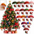 Christmas ornaments: wooden Santa parachute decorations on a decorated tree, with one ornament held in hand