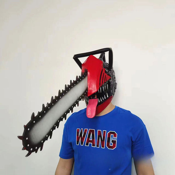 Red chainsaw devil mask with tongue, front view