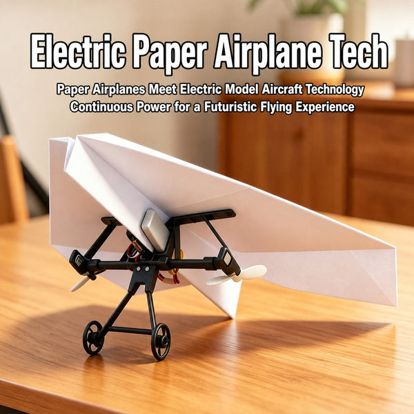 Electric paper airplane tech - continuous-power RC plane model on wooden table - Lets Party