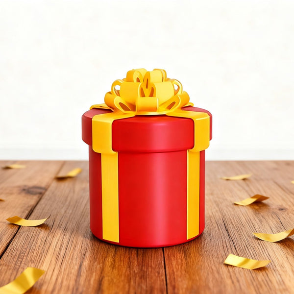Red round annoying gift box on a wooden table with gold confetti