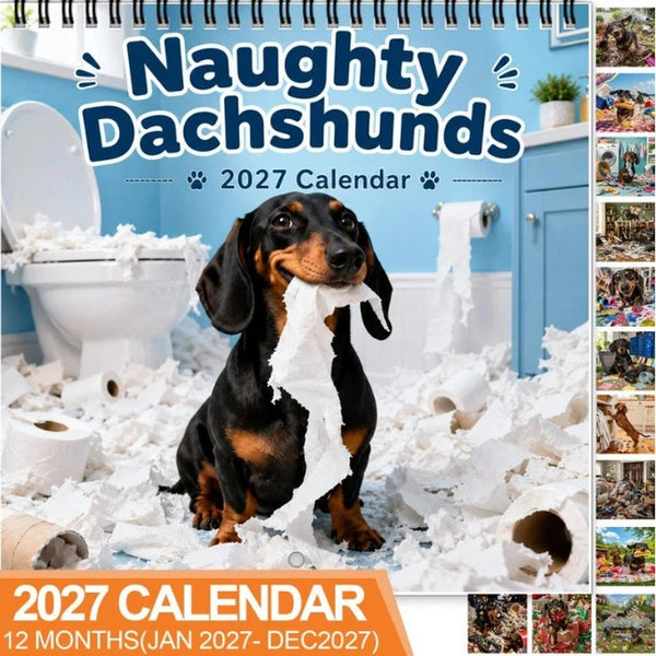 Dachshund calendar cover, 12 months January to December 2027