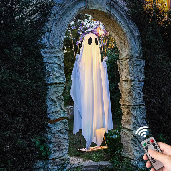 Remote control and 8 lighting modes for a Halloween ghost swing