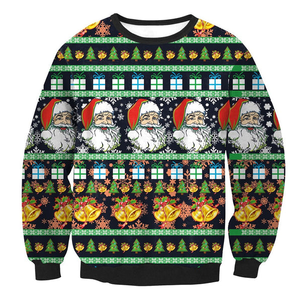 Black ugly Christmas sweater with rows of Santa faces