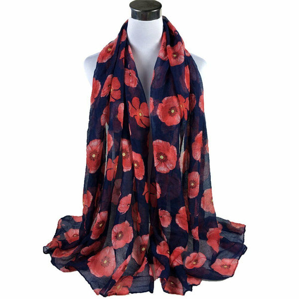 Women Ladies Poppy Print Floral Scarf Remembrance Day Poppies Scarves Wrap Shawl