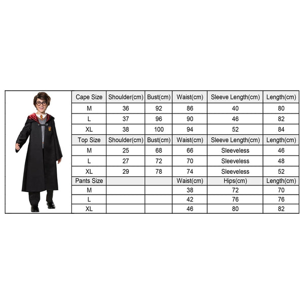 Size chart for the wizard robe, top and trousers, sizes M to XL