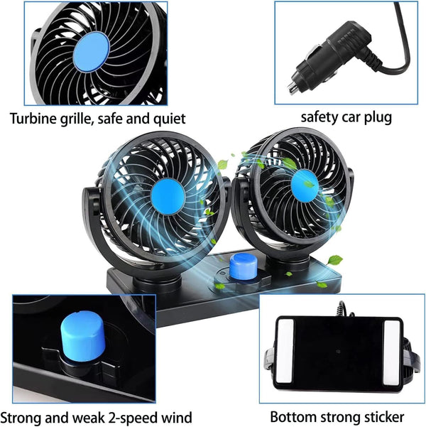 12V Auto Dashboard Cooling Air Fan 2 Speed Dual Head  Car Fan 360° Rotatable