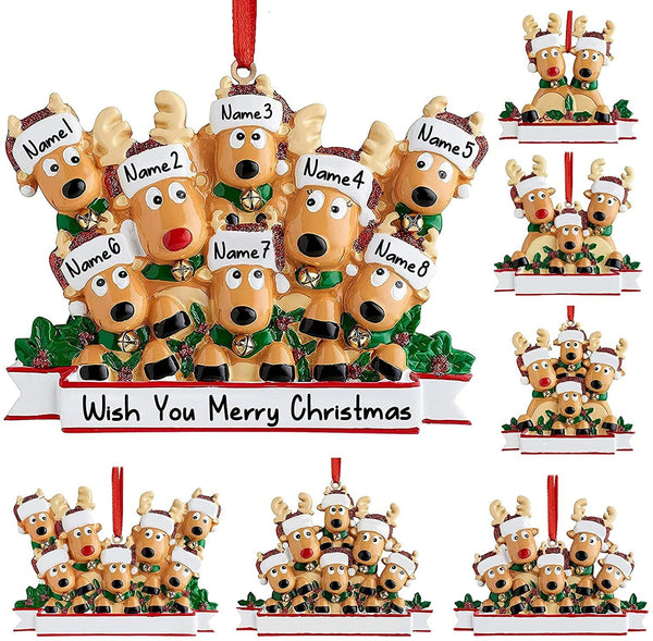 Reindeer family ornaments in sizes 2 to 8 with name placeholders