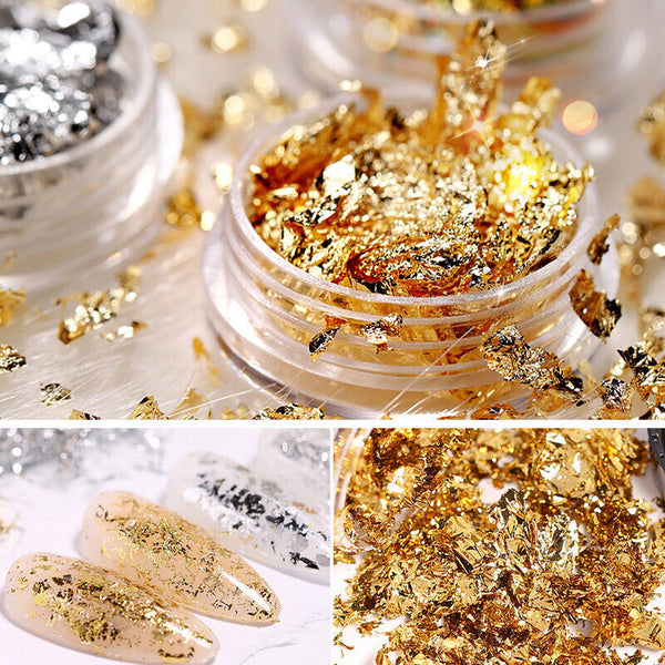 UP 24PCS Gold Silver Foil Flakes Leaf Wrap Nail Art Acrylic Gel Polish Nail Art