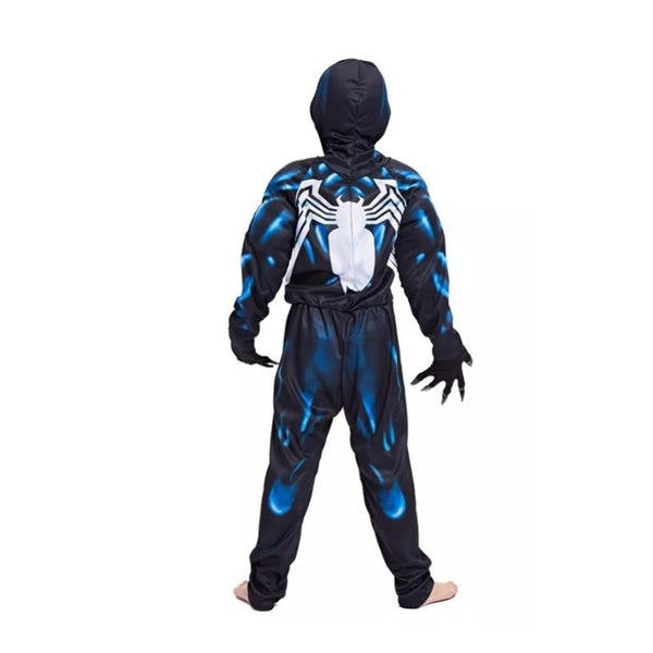 Back view of kids Venom costume showing white spider emblem and hood