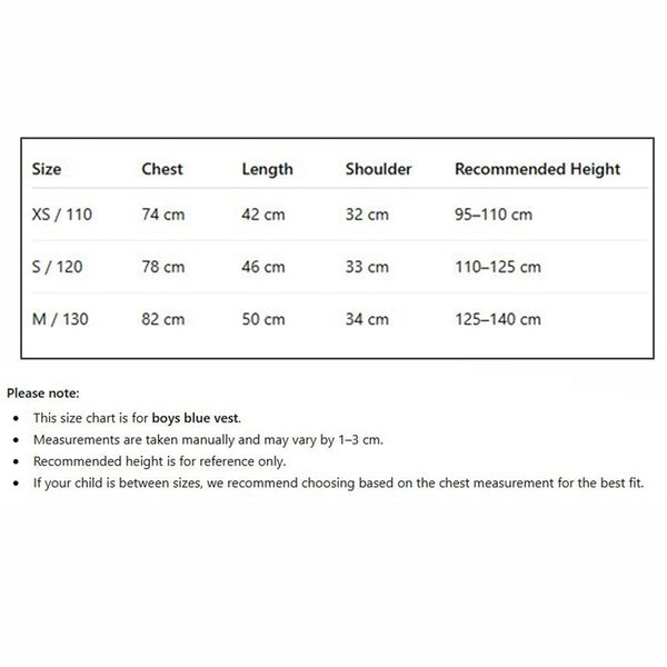 Paw Patrol Ryder vest costume kids size chart in cm