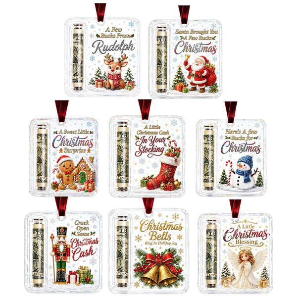 8 pack: all eight Christmas money holder ornaments with notes and ribbons