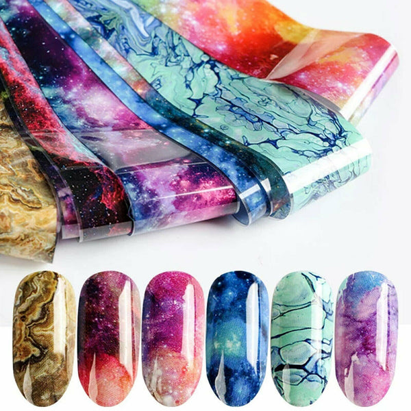 Set of 10 Styles Galaxy Marble Transfer Foil Paper Star Glue Nail Art Stickers