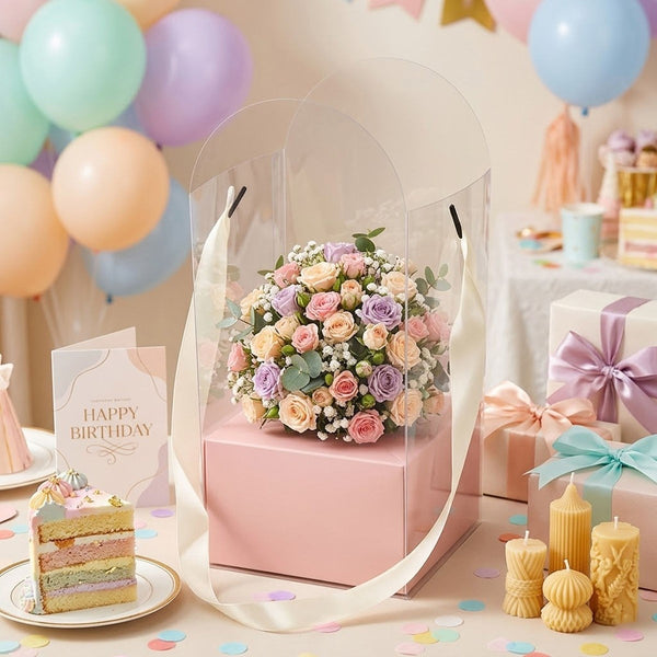 10PCS Clear Flower Gift Boxes Carry Handle Bouquet Packaging Boxes Pink White Beige