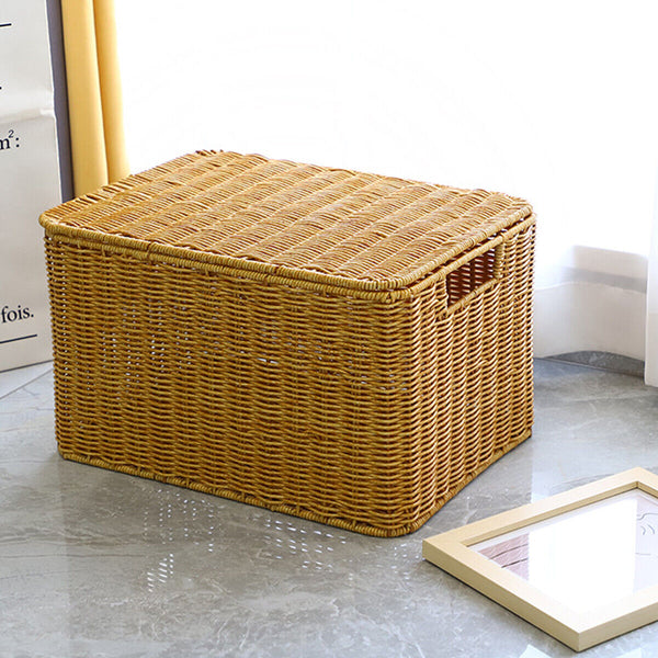 Storage Box Bedroom Organizer Faux Rattan Woven Basket with Lid Home Storage