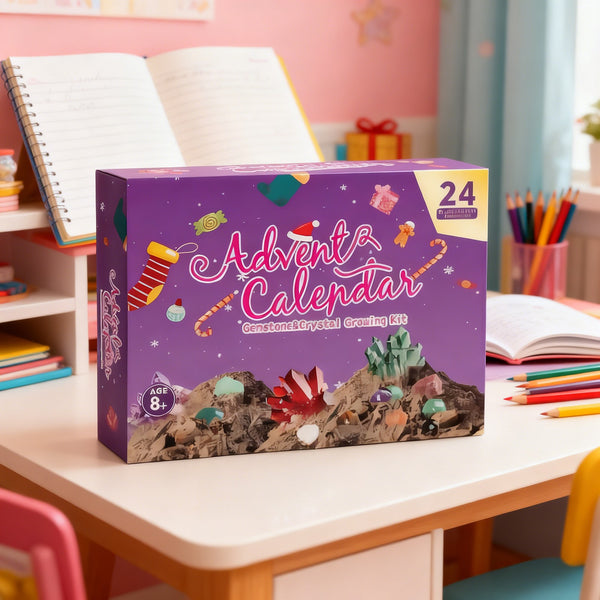 Purple gemstone advent calendar on a study desk beside an open book