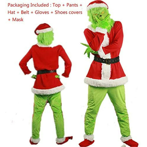 Front and back view of the 7 piece Christmas costume: coat, pants, hat, belt, gloves, shoe covers and mask