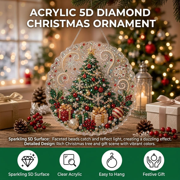 Christmas tree diamond painting ornament on a table with gift boxes and candles