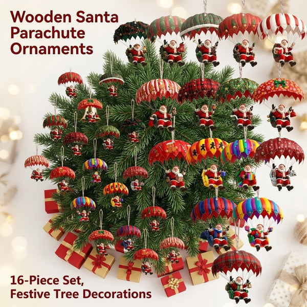 Wooden Santa parachute ornaments filling a Christmas tree, 16 piece set
