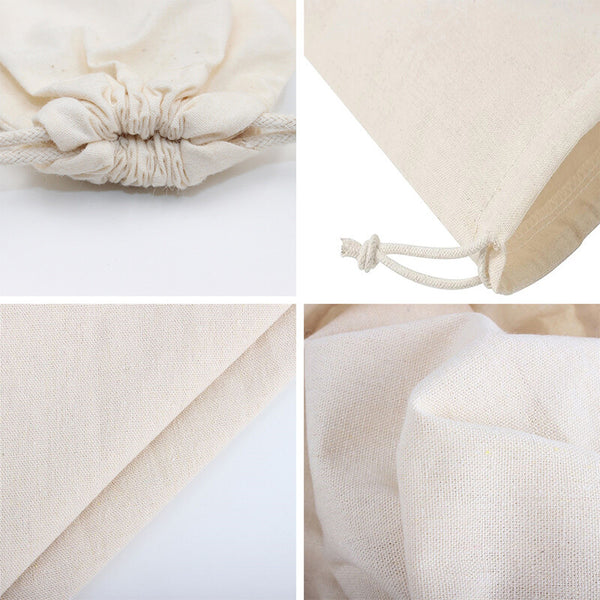 Close-up of calico fabric and drawstring cord