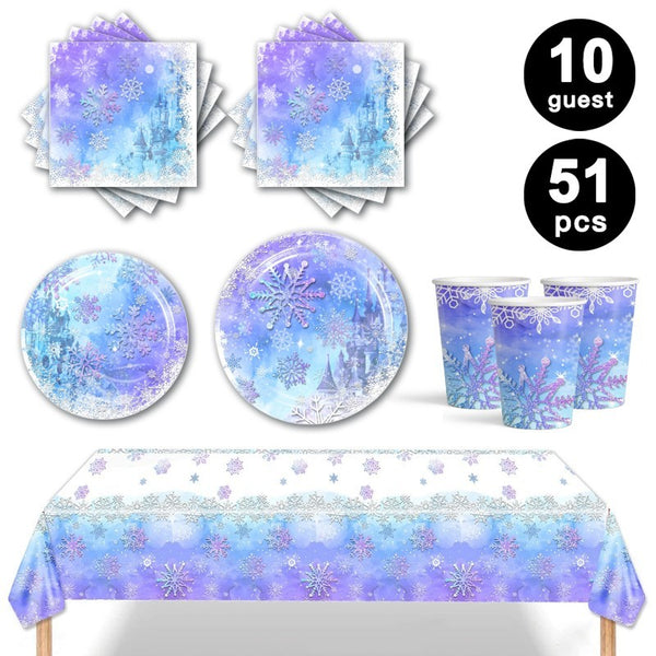 New Frozen Snowflake Tableware Party Supplies Birthday Paper Plates Napkins Cups
